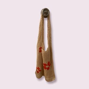 Summer Tan Crochet Bag with Orange Flowers